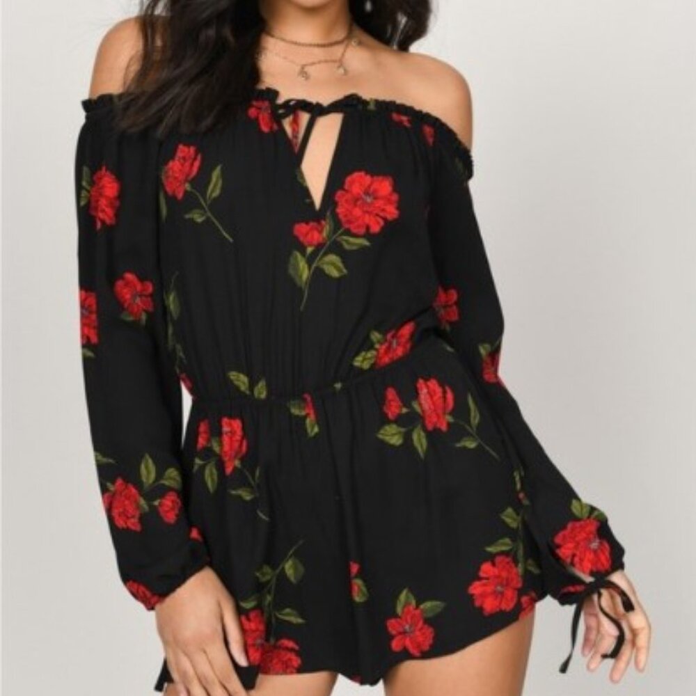TOBI Black and Red Floral Romper, Size Medium